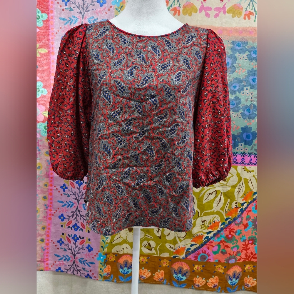 Diana Taylor Vintage Red Paisley Puff Sleeve Blouse Size Lg